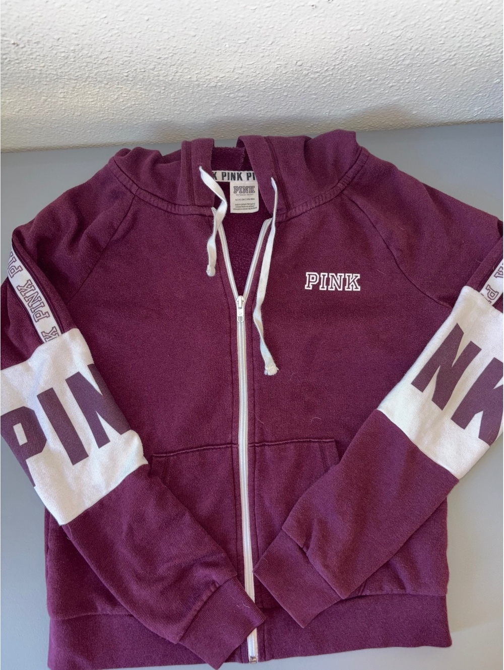 Victoria’s Secret PINK Burgundy Full Zip Hoodie Small Colorblock Logo